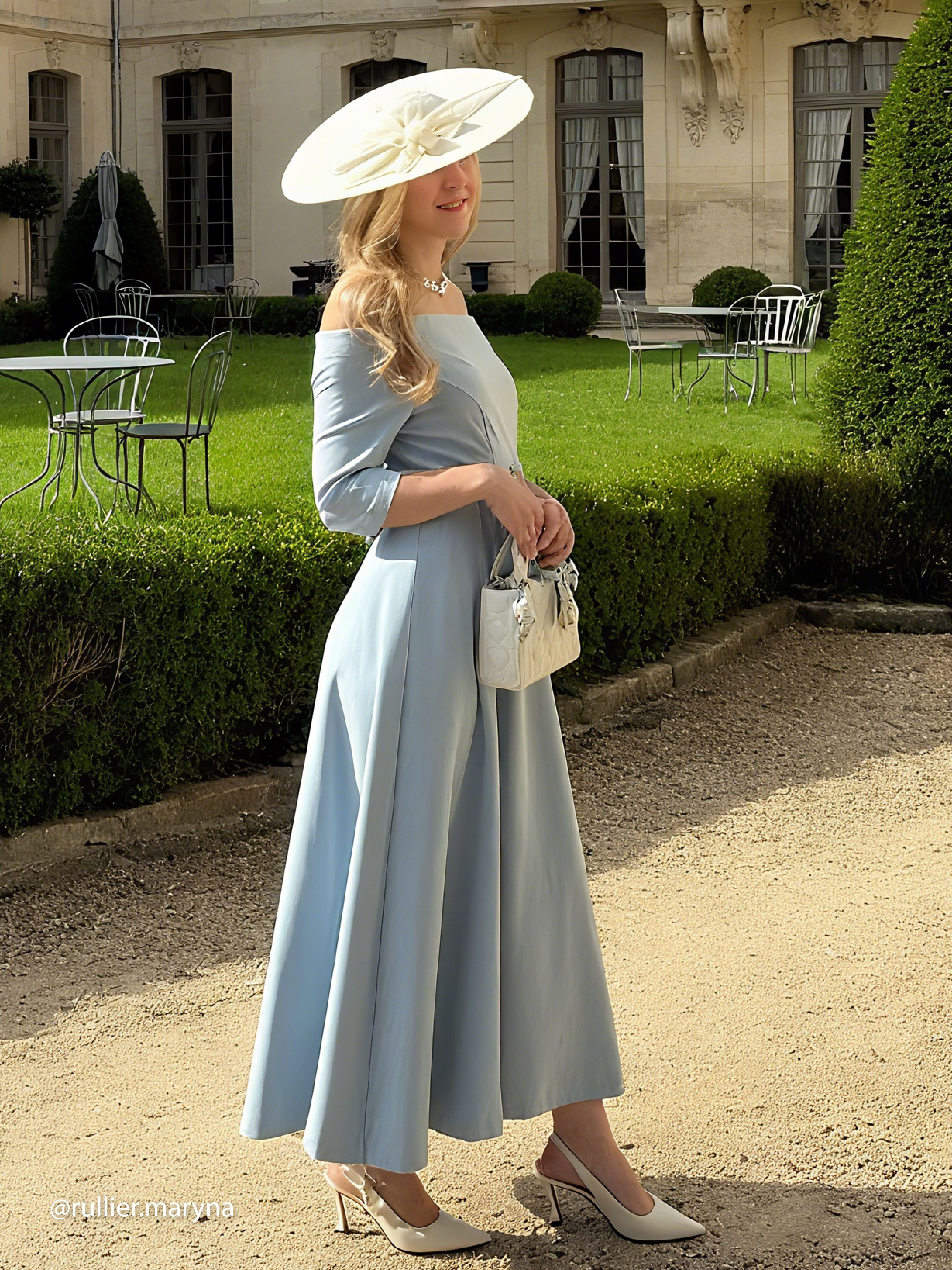 Light Blue Classic Off The Shoulder Half Sleeve A-Line Maxi Dress