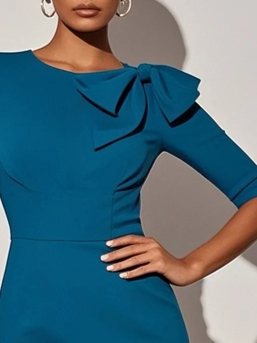 Cyan Bow Classic Crew Neck Half Sleeve Sheath Midi Dress