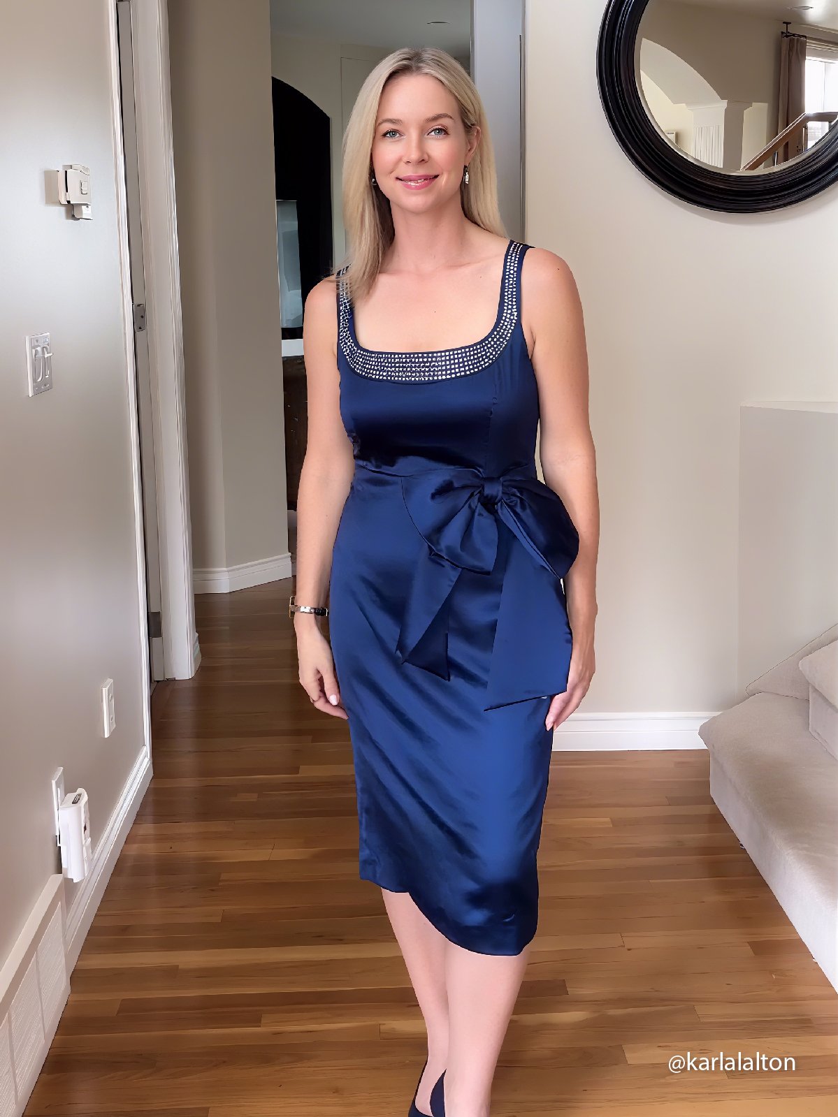 Purplish Blue Hotfix Embellished Bow Classic Square Neck Sleeveless Sheath Midi Dress