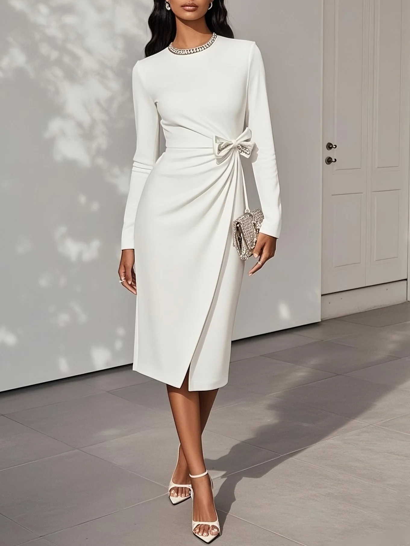 White Rhinestone Bow Classic Crew Neck Long Sleeve Sheath Midi Dress