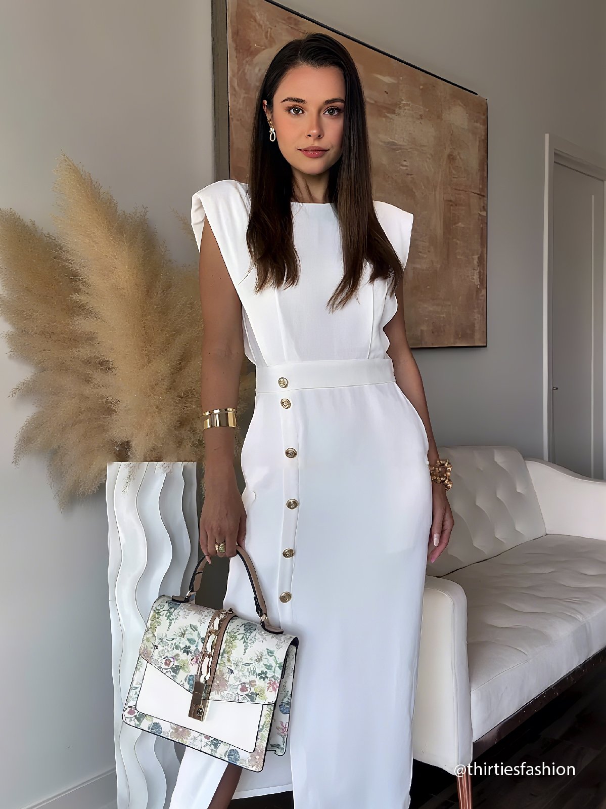 Off White Button Side-Slit Classic Crew Neck Sleeveless Sheath Midi Dress