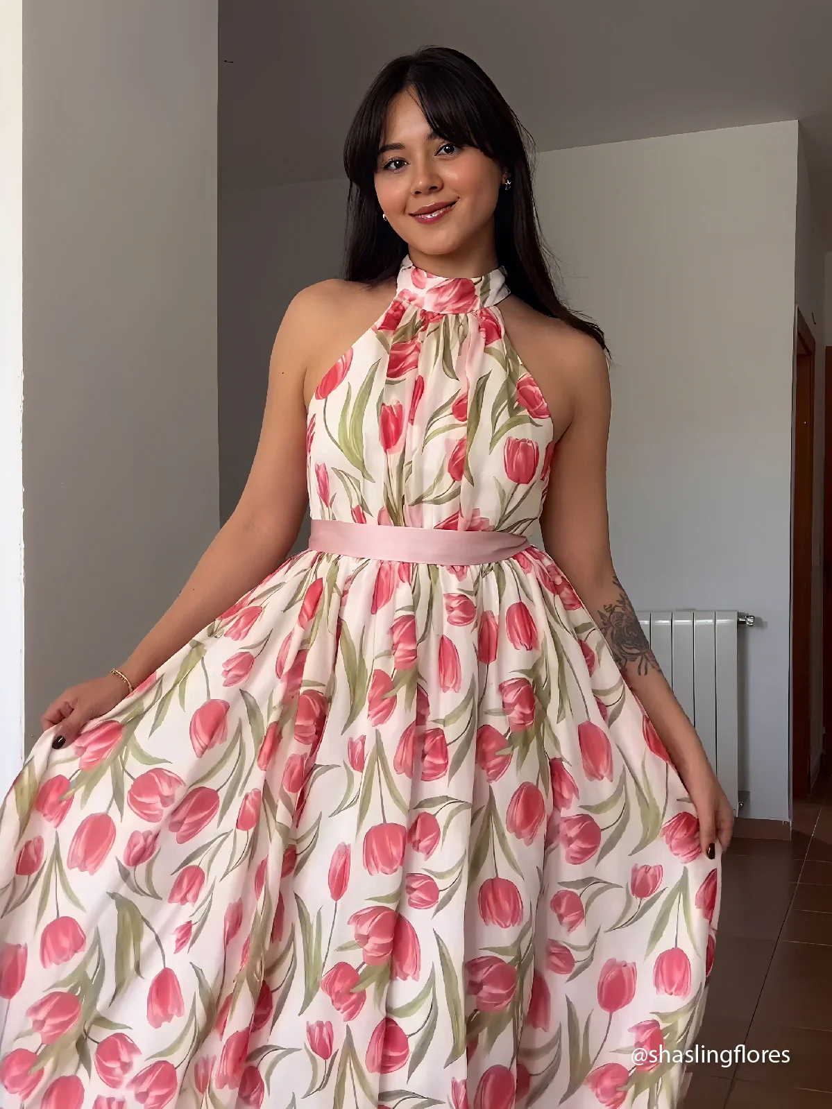 Pink Floral Chiffon Halter Sleeveless A-Line Maxi Dress