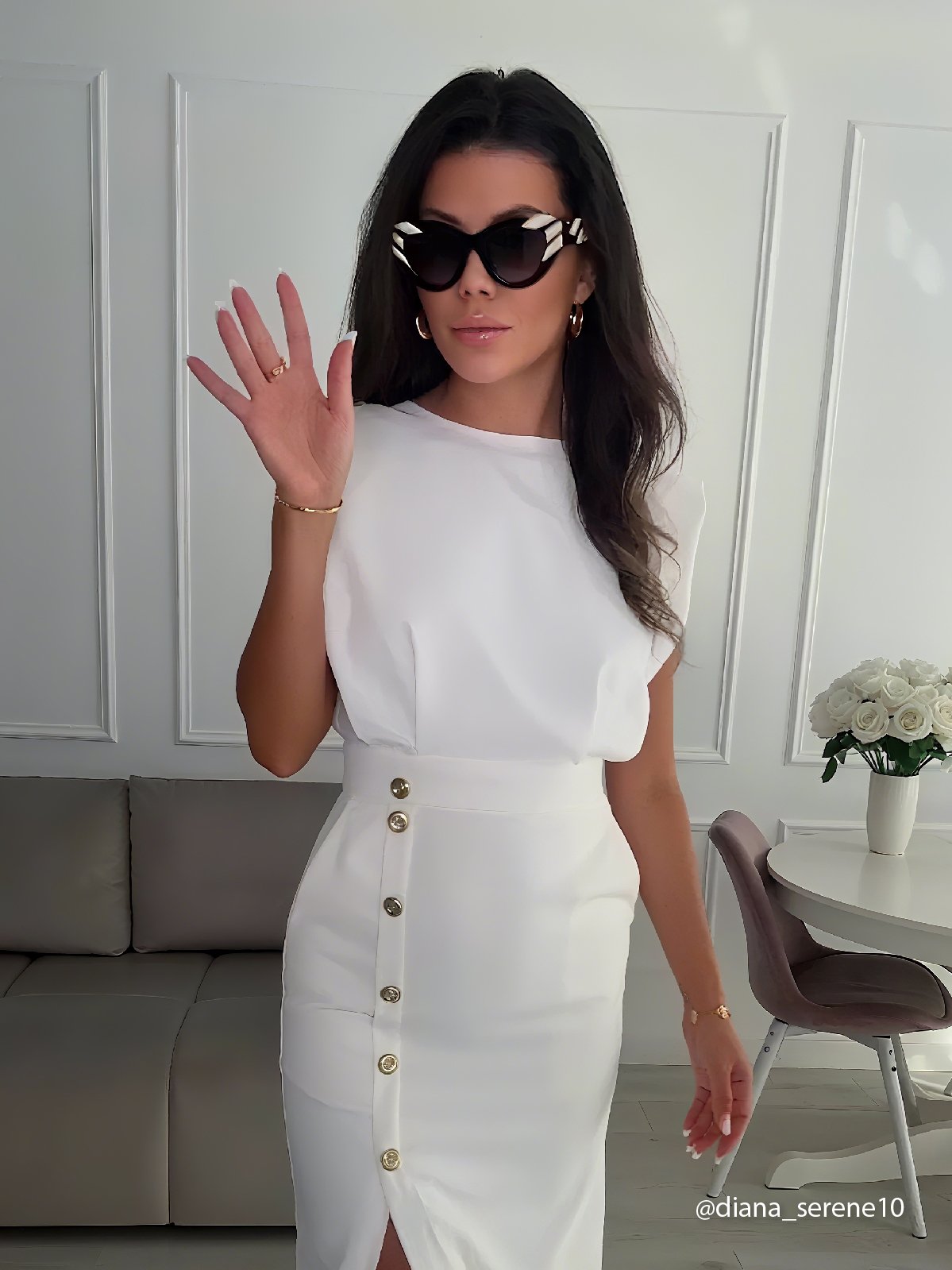 Off White Button Side-Slit Classic Crew Neck Sleeveless Sheath Midi Dress