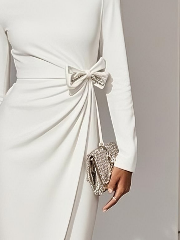 White Rhinestone Bow Classic Crew Neck Long Sleeve Sheath Midi Dress