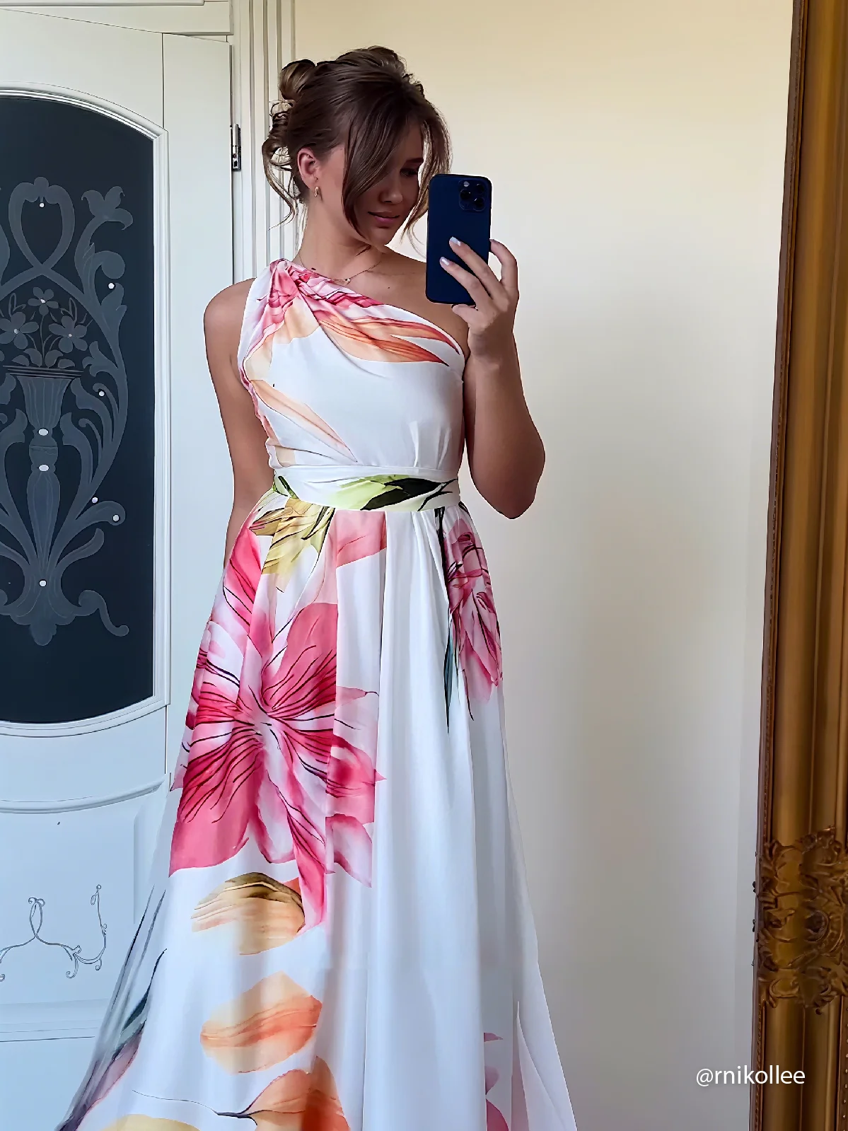 Pink Floral Satin One Shoulder Sleeveless A-Line Maxi Dress