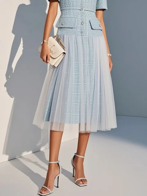 Light Blue Braided Strap Mesh Tweed Crew Neck Short Sleeve A-Line Midi Dress