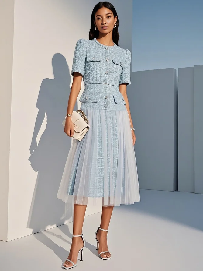 Light Blue Braided Strap Mesh Tweed Crew Neck Short Sleeve A-Line Midi Dress