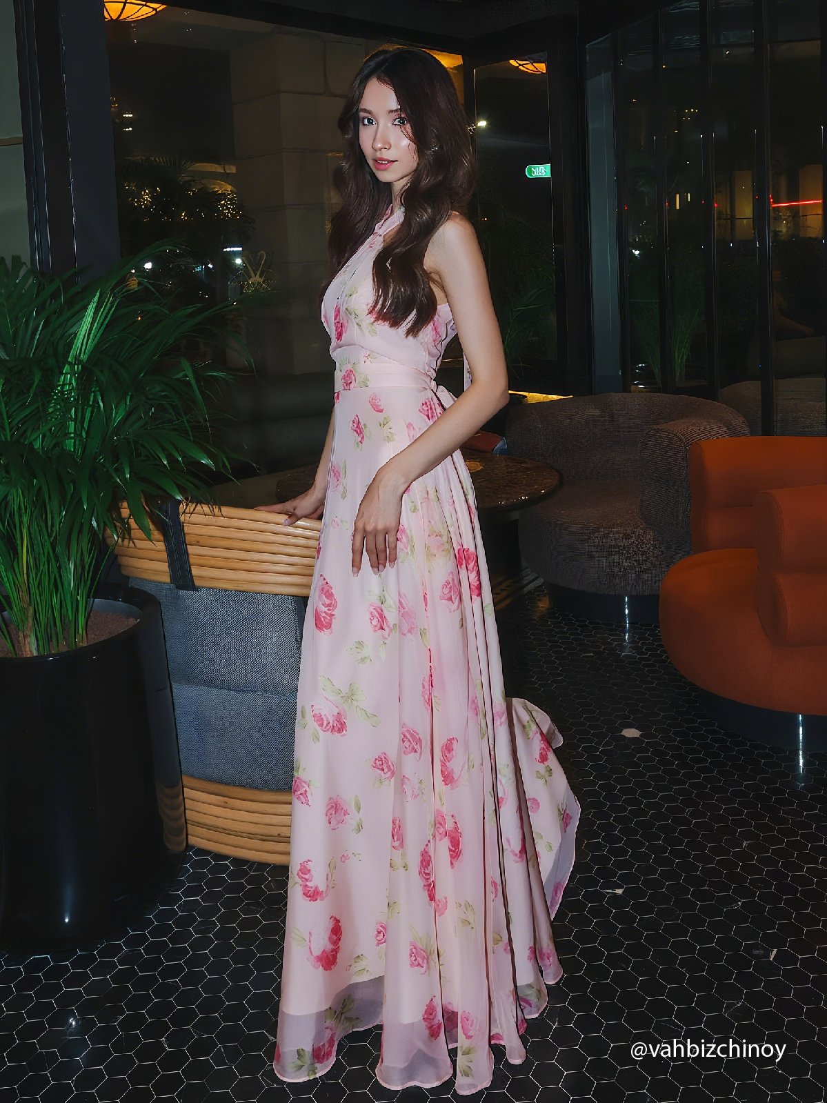 Pink Floral Chiffon Halter Sleeveless A-Line Maxi Dress