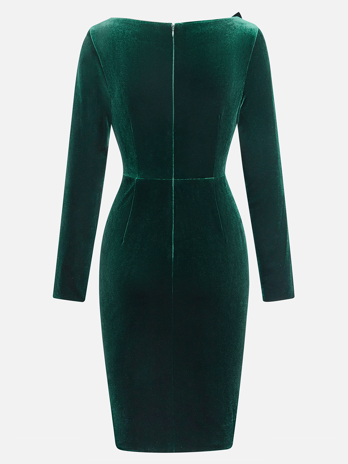 Green 3D Floral Ruched Velvet Boat Neck Long Sleeve Sheath Midi Dress