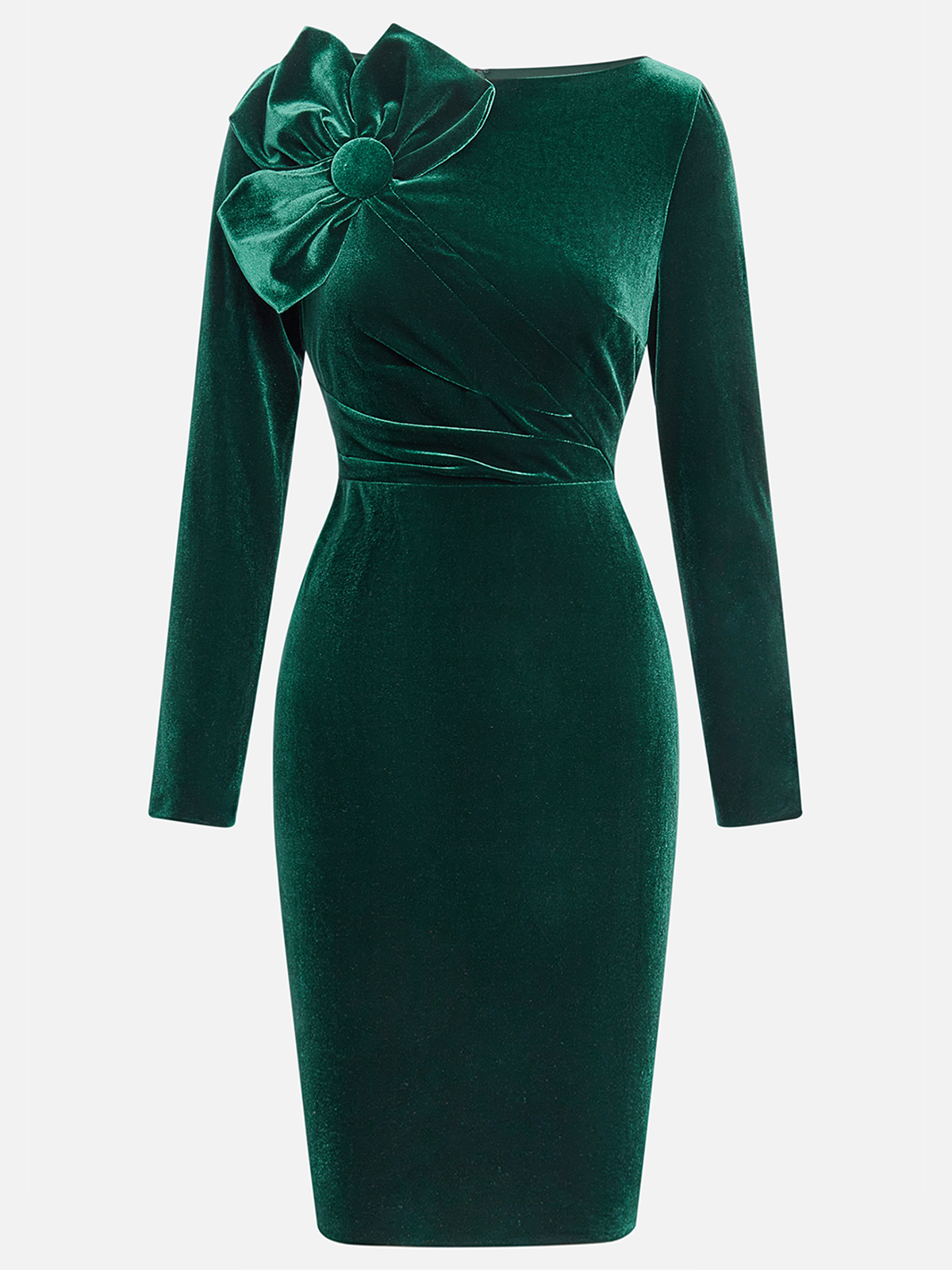 Green 3D Floral Ruched Velvet Boat Neck Long Sleeve Sheath Midi Dress