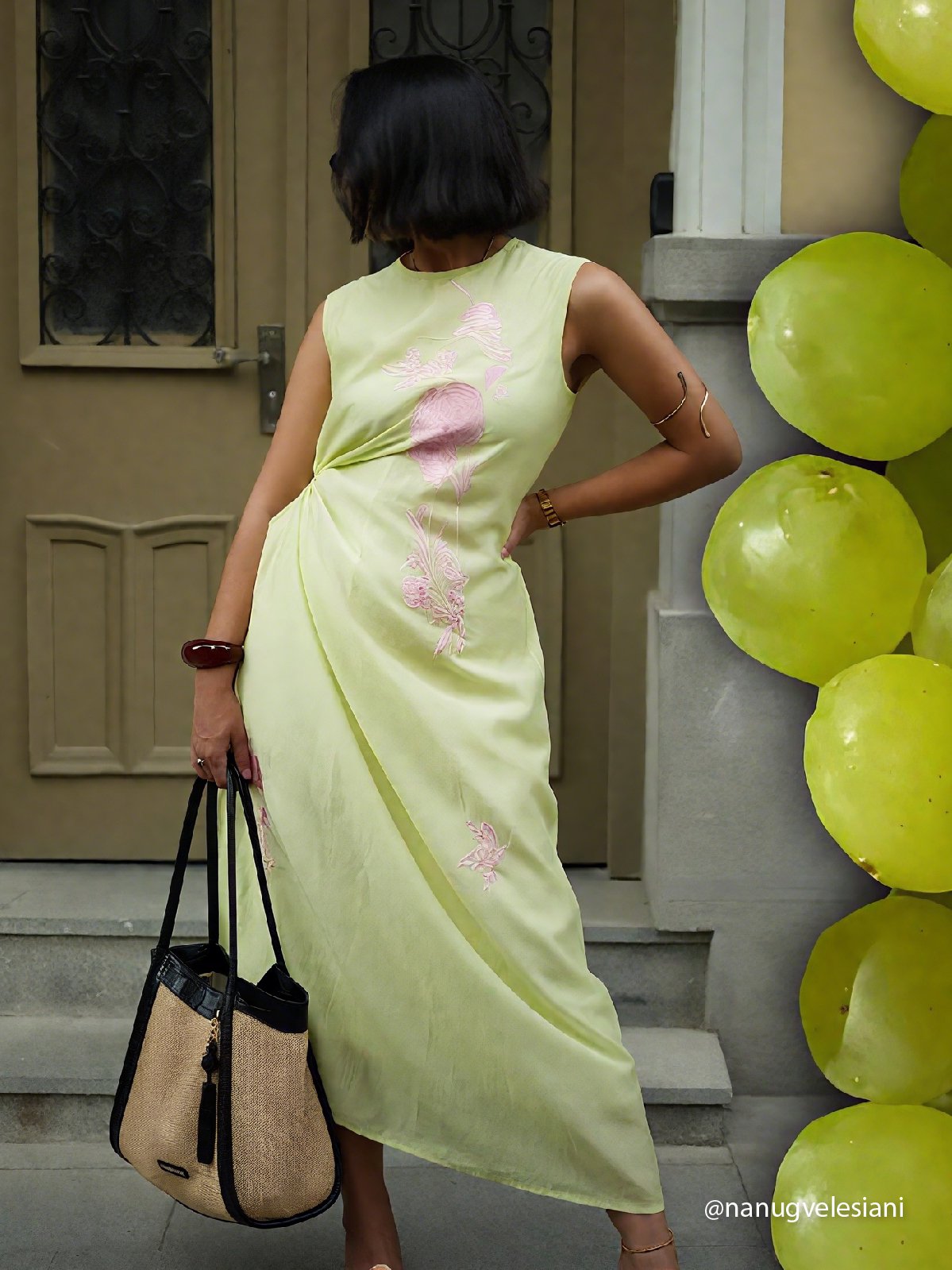 Yellow Embroidery Floral Classic Lyocell Crew Neck Sleeveless A-Line Maxi Dress