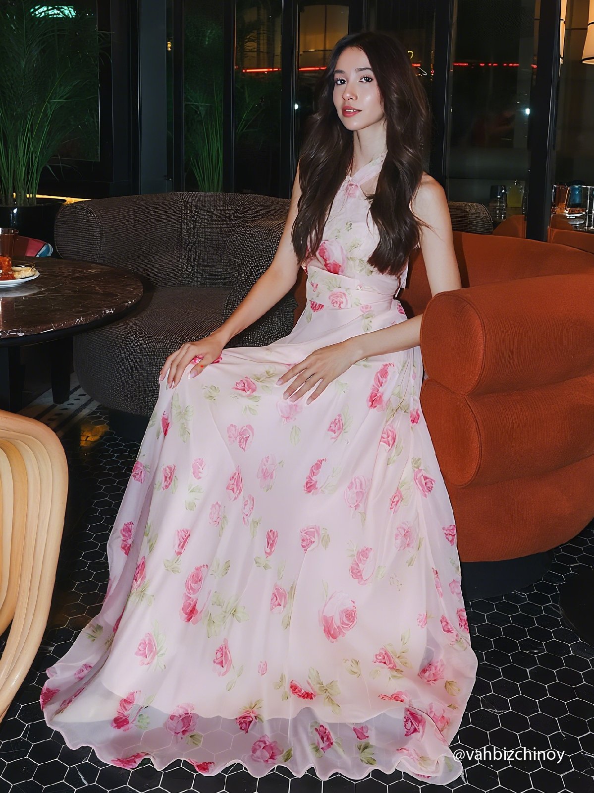Pink Floral Chiffon Halter Sleeveless A-Line Maxi Dress