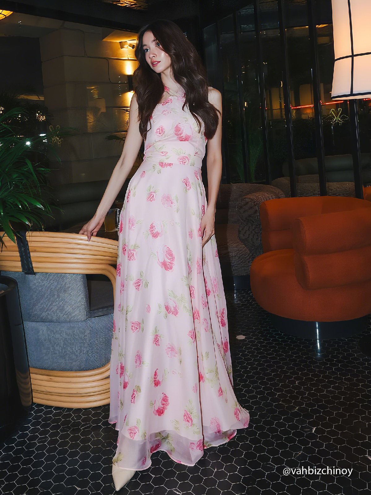 Pink Floral Chiffon Halter Sleeveless A-Line Maxi Dress