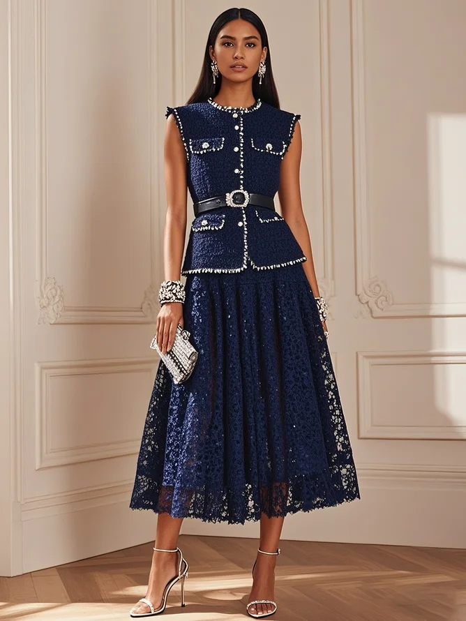 Women Tweed Purplish blue Piping Lace Crew Neck Sleeveless Dressy Coat With Skirt  Two-Piece Set