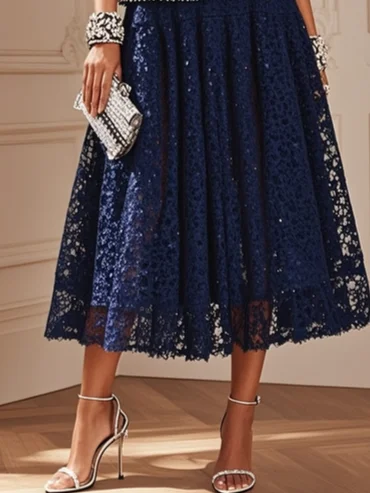 Women Tweed Purplish blue Piping Lace Crew Neck Sleeveless Dressy Coat With Skirt  Two-Piece Set
