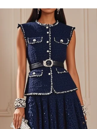 Women Tweed Purplish blue Piping Lace Crew Neck Sleeveless Dressy Coat With Skirt  Two-Piece Set
