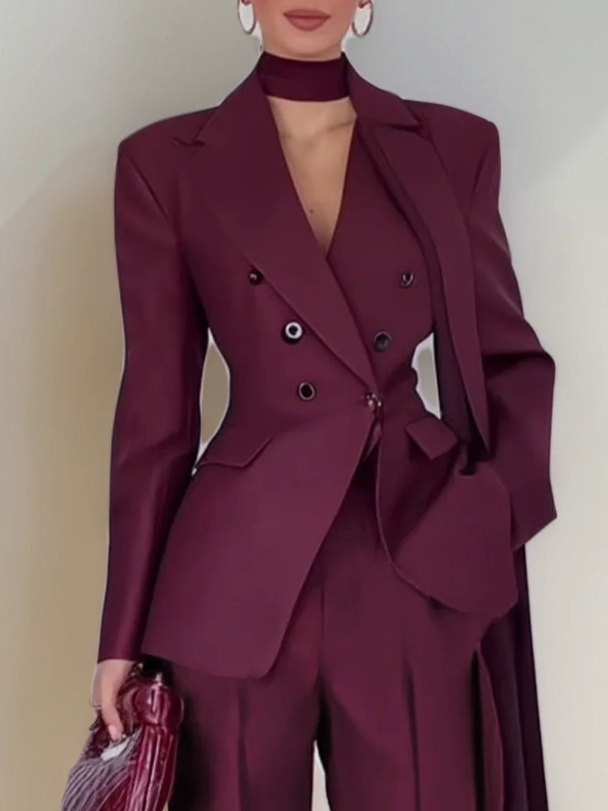 Women Wine Red Buckle Shoulder Pad Lapel Collar Long Sleeve Dressy Coat With Pants Two-Piece Set