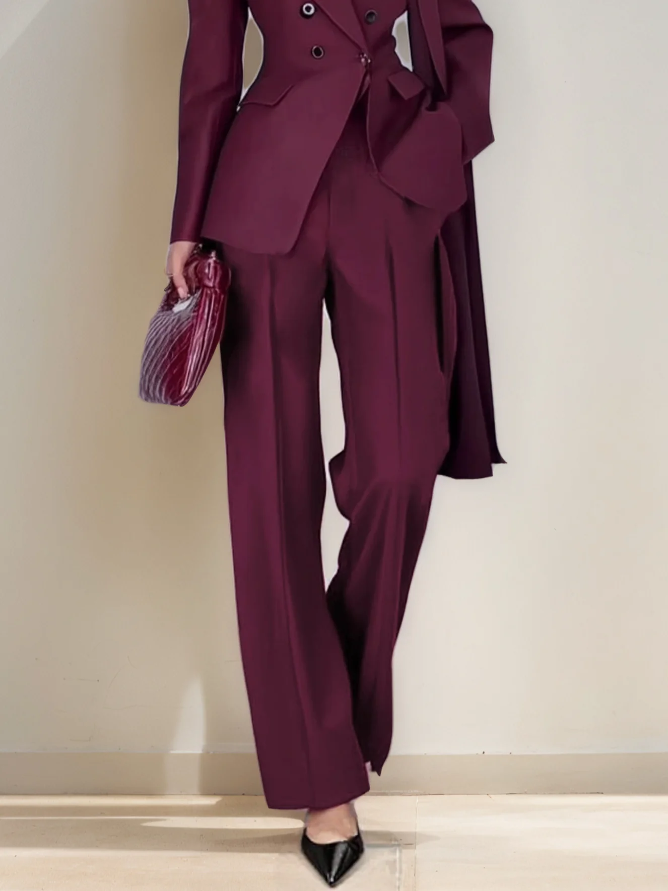 Women Wine Red Buckle Shoulder Pad Lapel Collar Long Sleeve Dressy Coat With Pants Two-Piece Set