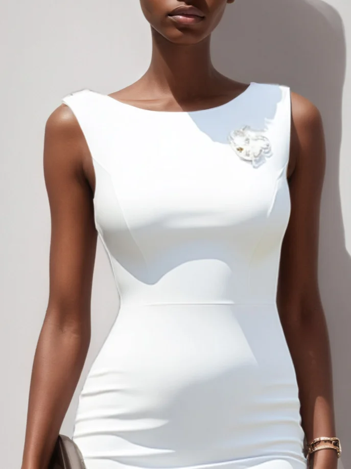 White Lace 3D Floral Classic Boat Neck Sleeveless Sheath Midi Dress