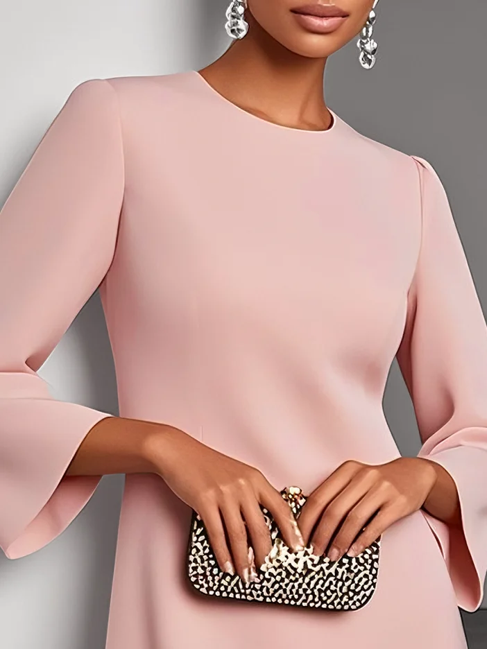 Pink 3D Floral Classic Crew Neck Long Sleeve Shift Mini Dress