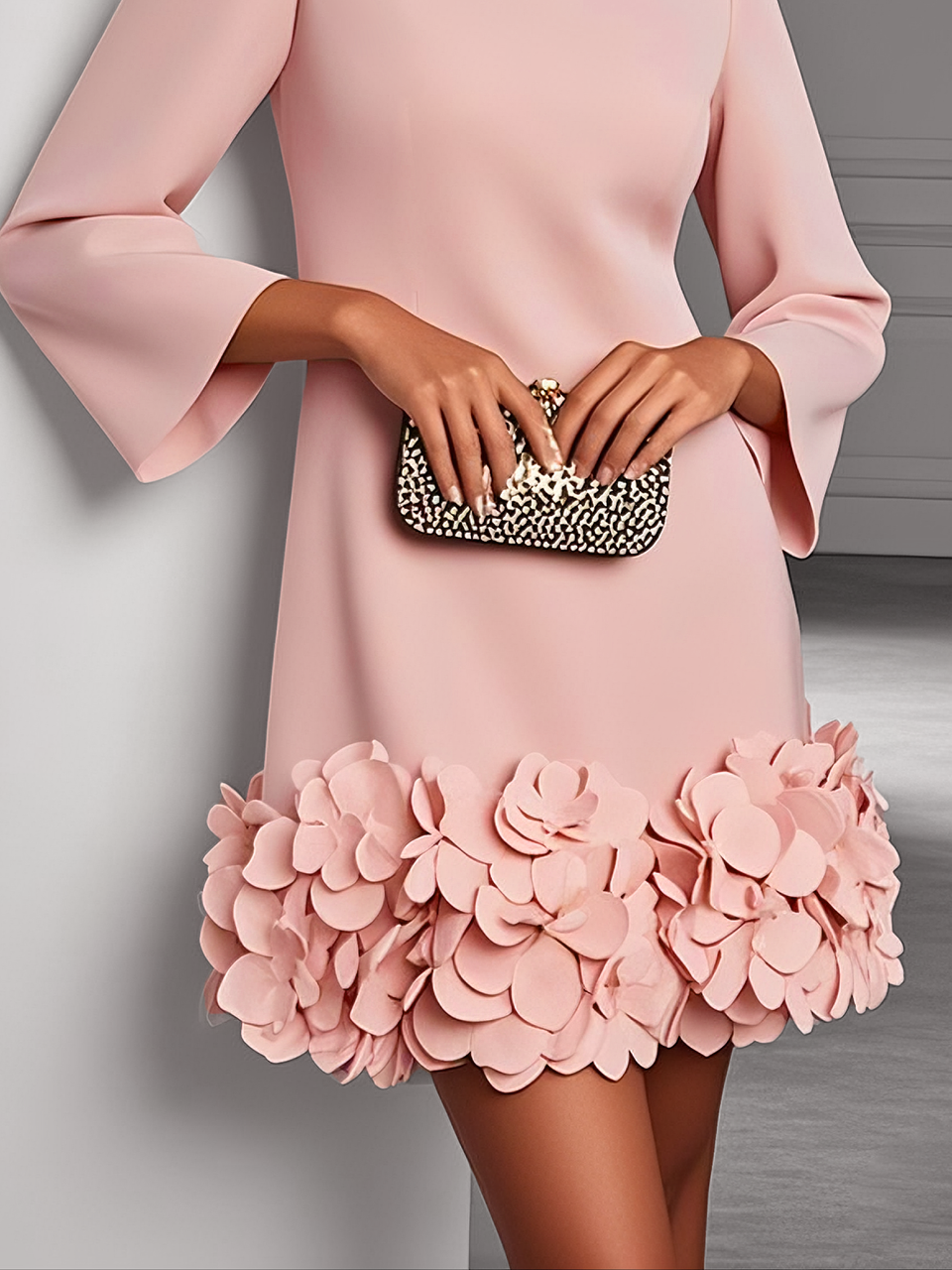 Pink 3D Floral Classic Crew Neck Long Sleeve Shift Mini Dress
