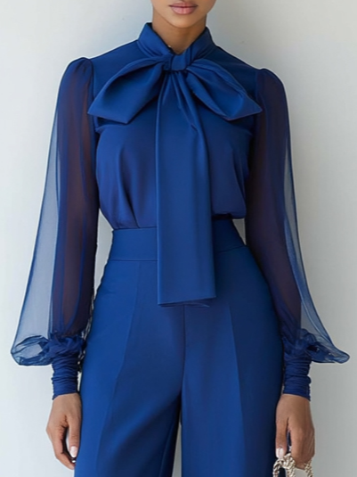 Women Royal Blue Mesh Bow Tie Neck Long Sleeve Dressy Jumpsuit