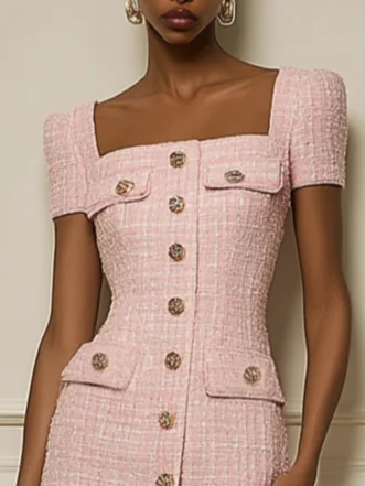 Pink Buckle Slit Tweed Square Neck Short Sleeve Sheath Midi Dress