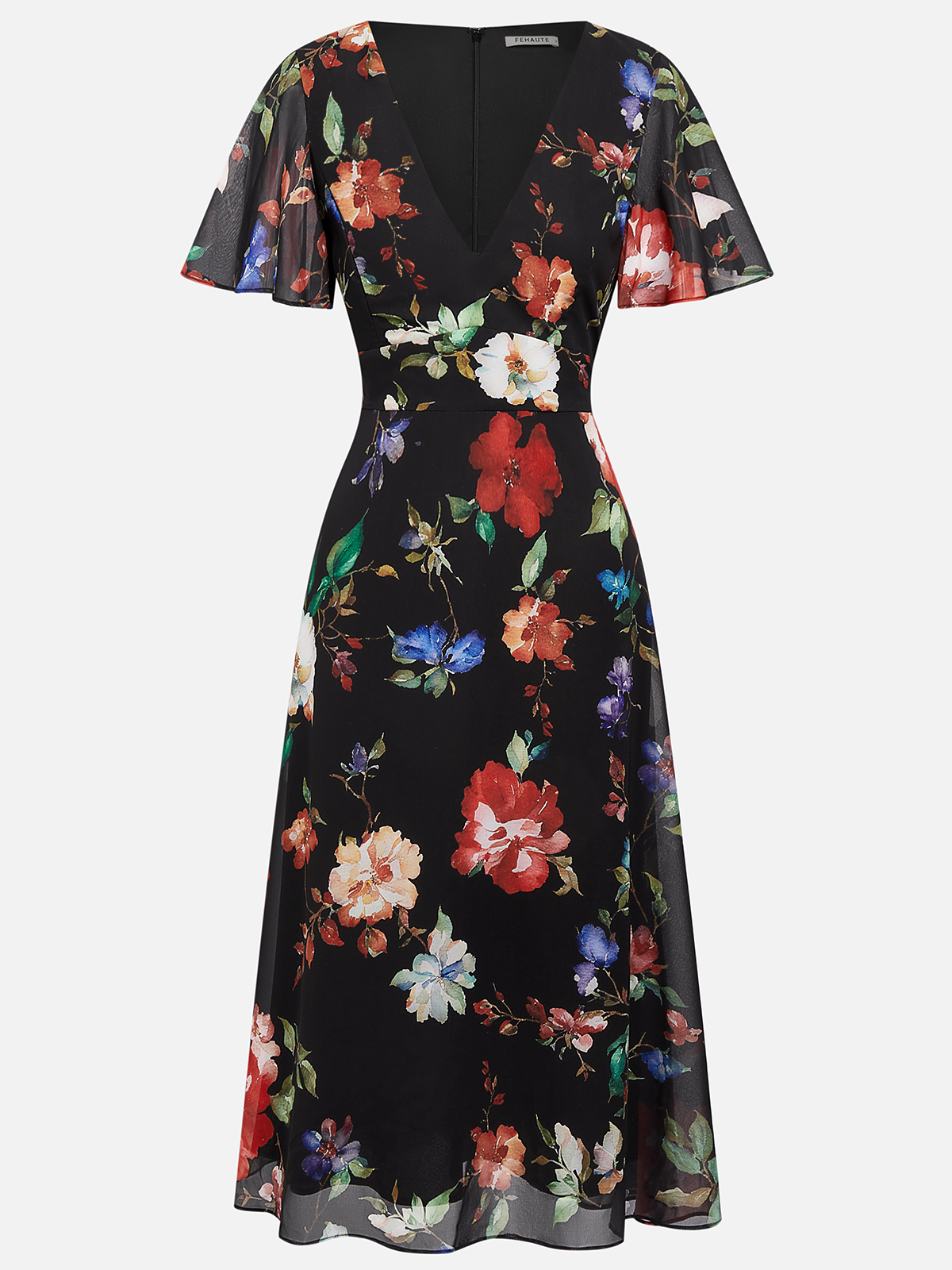 Black Floral Chiffon V Neck Short Sleeve Bell Sleeve A-Line Midi Dress
