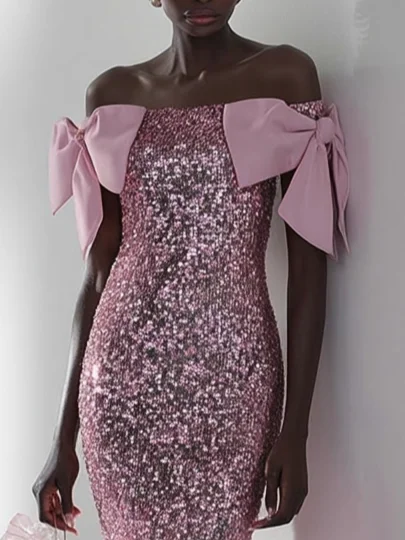 Pink Bow Sequin Off The Shoulder Short Sleeve Mermaid Maxi Dress