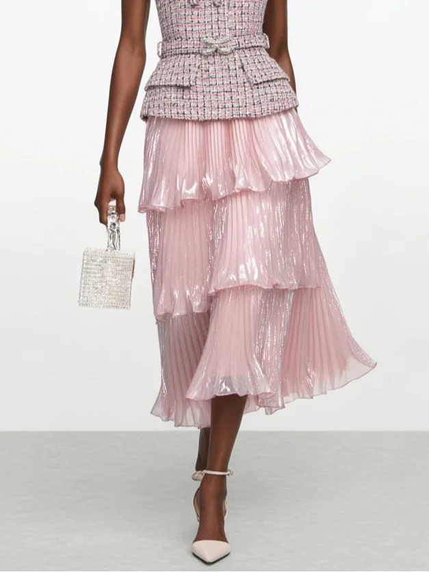 Women Pink Tweed Buckle Square Neck Sleeveless Dressy Top With Skirt Two-Piece Set