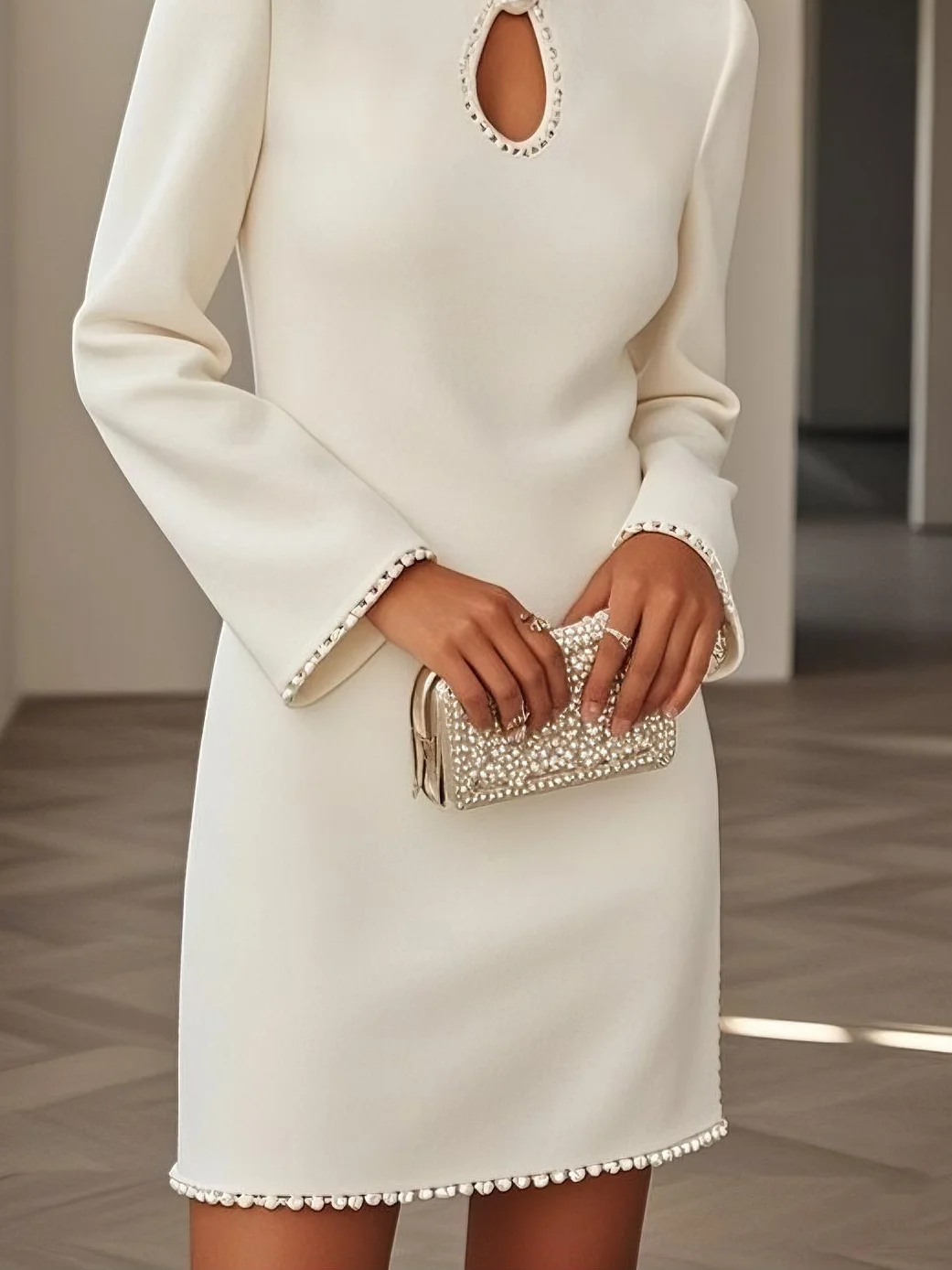 White Pearl Hollow Out Classic Crew Neck Long Sleeve H-Line Mini Dress