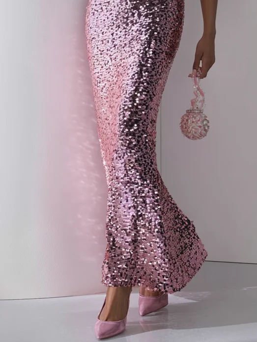 Pink Bow Sequin Off The Shoulder Short Sleeve Mermaid Maxi Dress