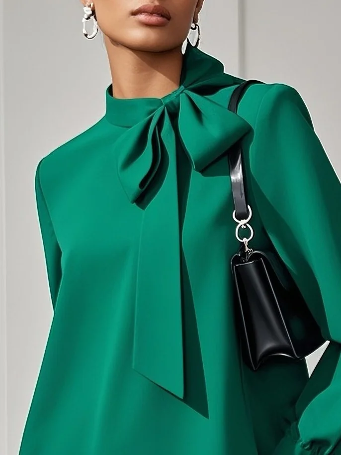 Green Bow Classic Tie Neck Long Sleeve A-Line Mini Dress