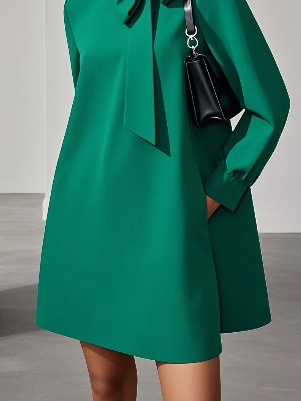 Green Bow Classic Tie Neck Long Sleeve A-Line Mini Dress