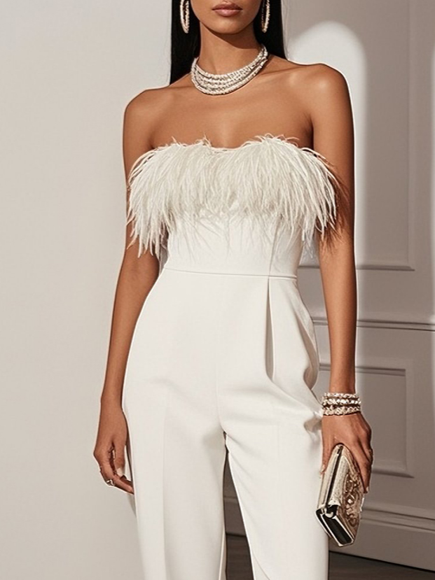 Women White Feather-trimmed Strapless Sleeveless Dressy Jumpsuit