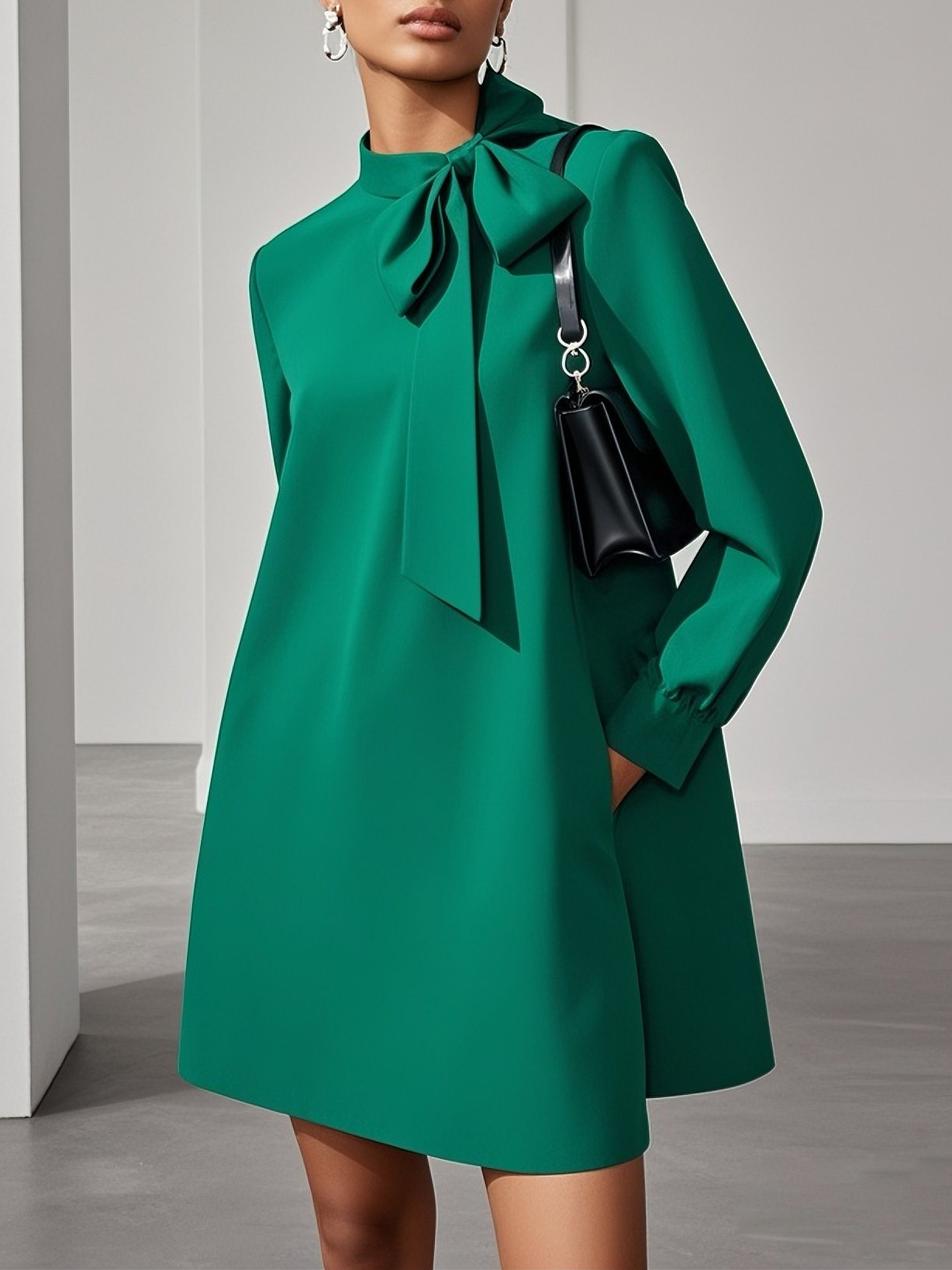 Green Bow Classic Tie Neck Long Sleeve A-Line Mini Dress