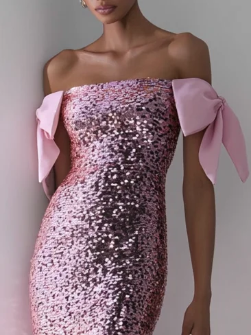 Pink Bow Sequin Off The Shoulder Short Sleeve Mermaid Maxi Dress