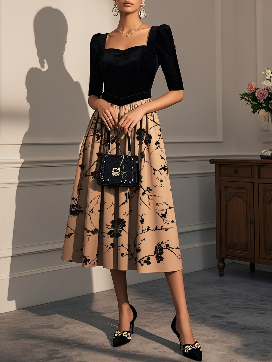 Khaki Floral Velvet Sweetheart Neckline Half Sleeve A-Line Midi Dress