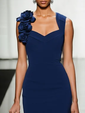 Blue 3D Floral Classic Sweetheart Neckline Sleeveless Sheath Midi Dress