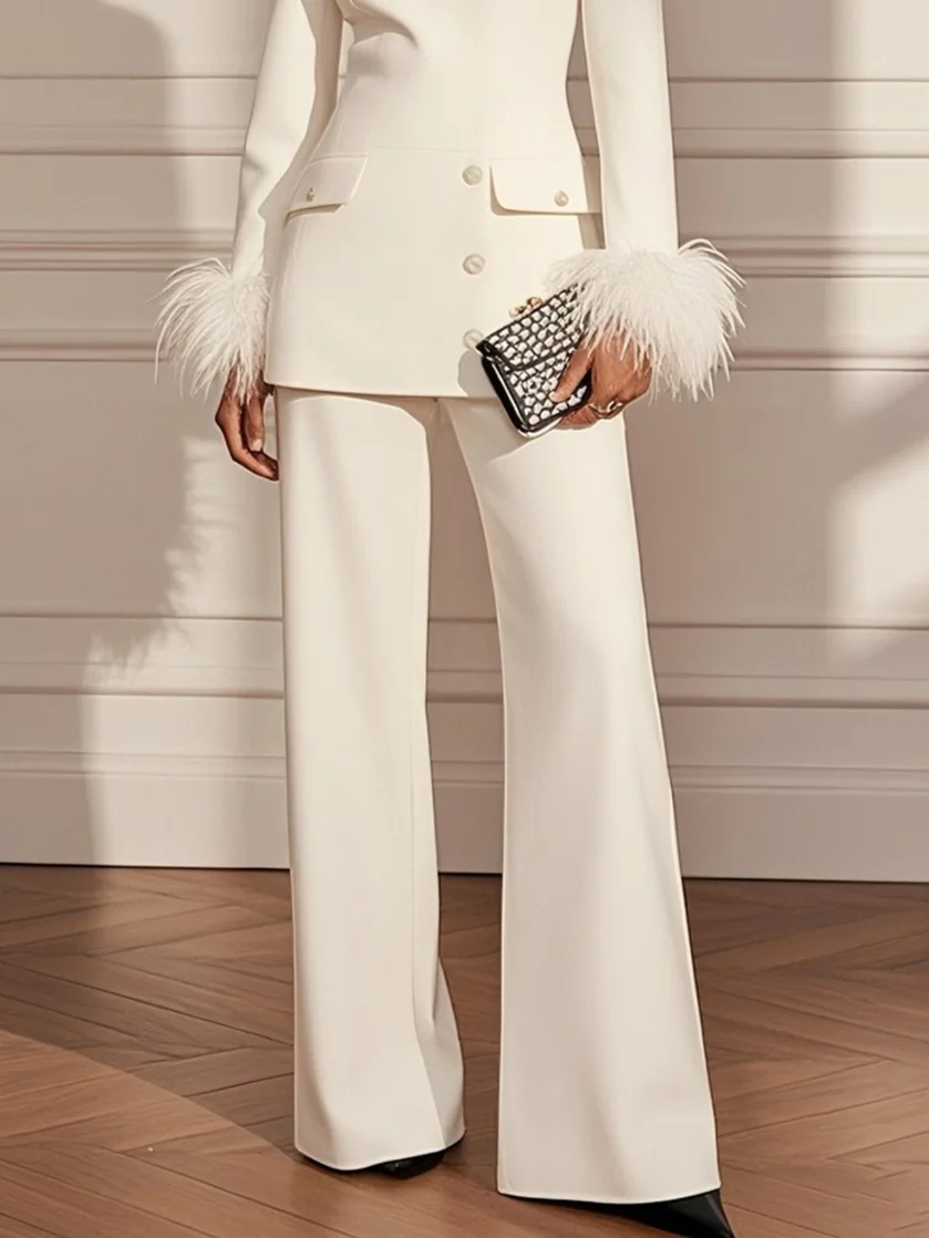 Women White Buckle Feather-trimmed Crew Neck Long Sleeve Dressy Top With Pants Two-Piece Set