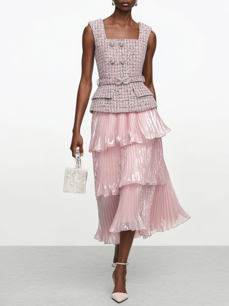 Women Pink Tweed Buckle Square Neck Sleeveless Dressy Top With Skirt Two-Piece Set