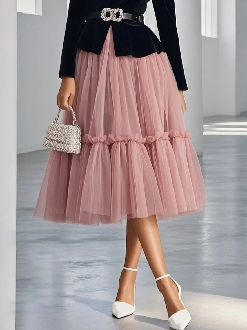 Women Velvet Pink Ruched Crew Neck Long Sleeve Dressy Top With Skirt Two-Piece Set