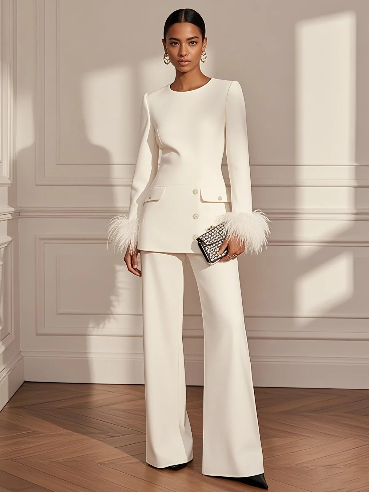 Women White Buckle Feather-trimmed Crew Neck Long Sleeve Dressy Top With Pants Two-Piece Set
