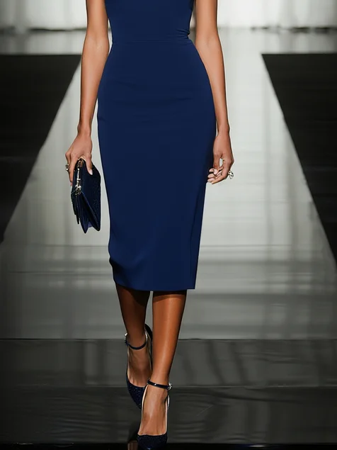 Blue 3D Floral Classic Sweetheart Neckline Sleeveless Sheath Midi Dress