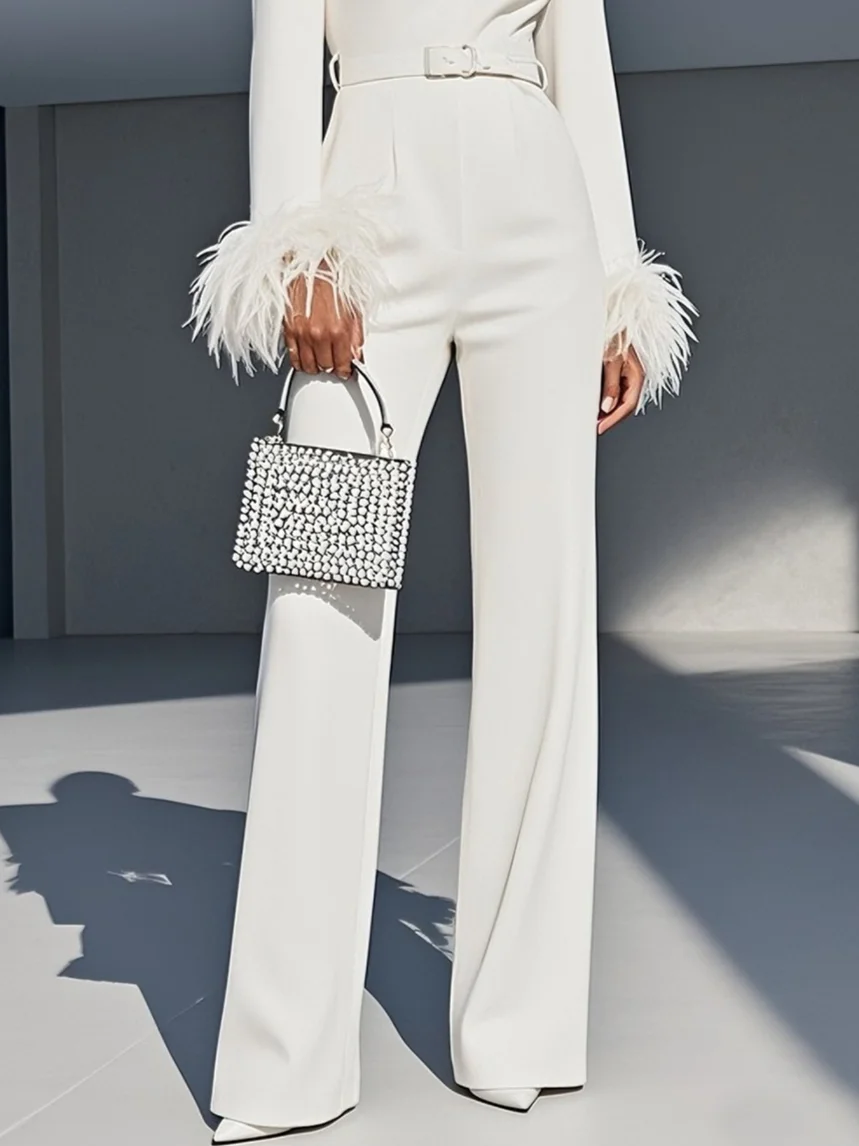 Women White Feather-trimmed Crew Neck Long Sleeve Dressy Jumpsuit
