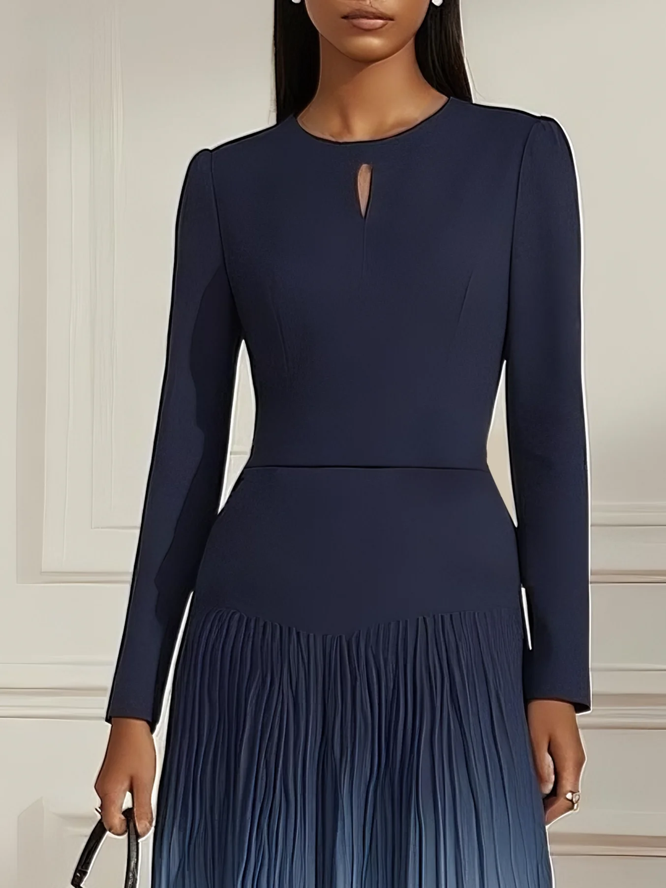 Navy Blue Ombre Pleated Hollow Out Classic Crew Neck Long Sleeve A-Line Midi Dress