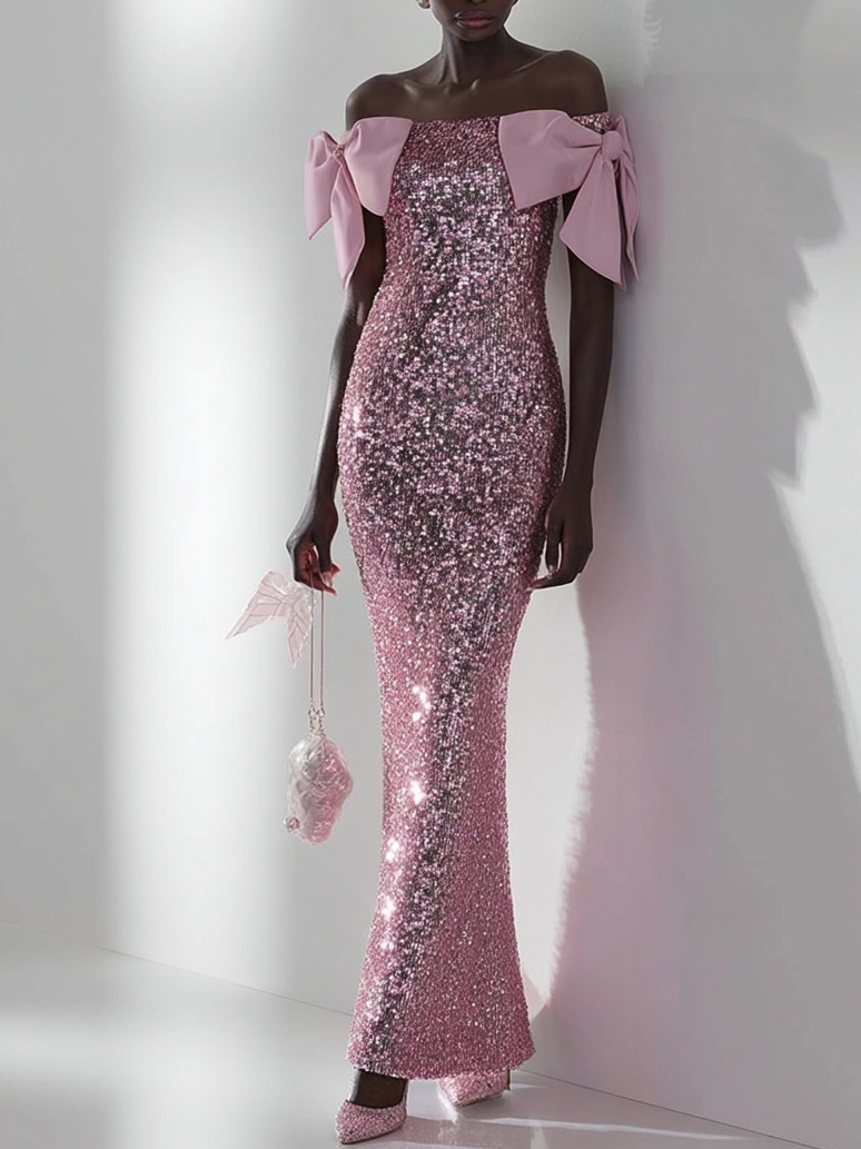 Pink Bow Sequin Off The Shoulder Short Sleeve Mermaid Maxi Dress