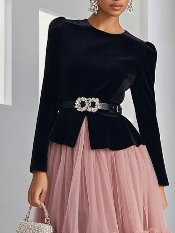 Women Velvet Pink Ruched Crew Neck Long Sleeve Dressy Top With Skirt Two-Piece Set