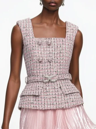 Women Pink Tweed Buckle Square Neck Sleeveless Dressy Top With Skirt Two-Piece Set