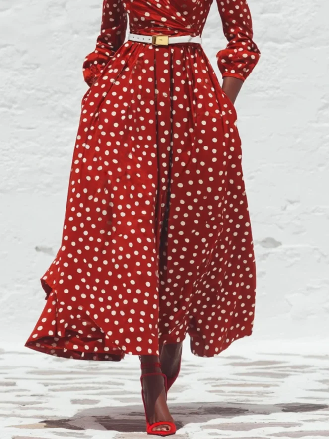 Red Polka Dots Ruched Classic V Neck Sleeveless A-Line Maxi Dress